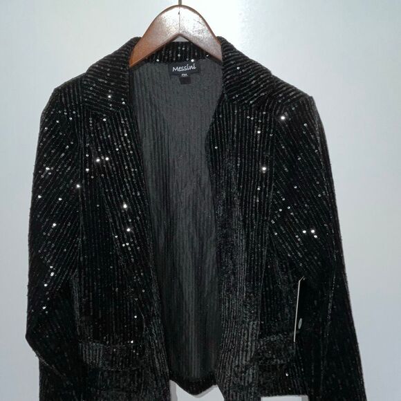 Messini Women's Black Sequined Open Front Blazer Jacket Petite Medium NWT - Picture 3 of 8